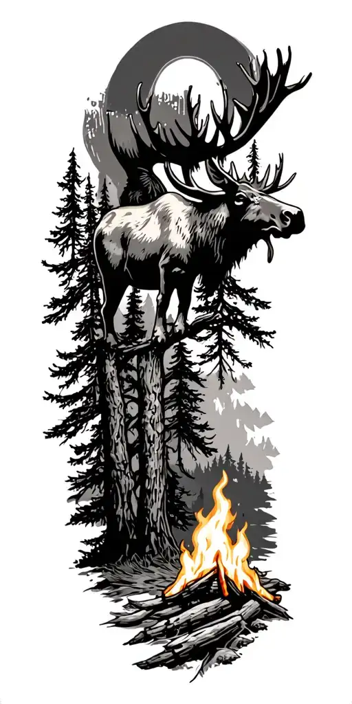 trees, camp fire, moose, beer sleeve tattoo tattoo design idea