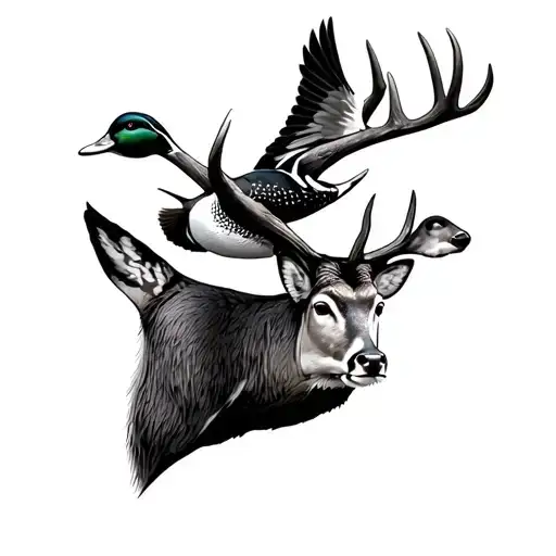 whitetail deer with flying wood duck tattoo design idea