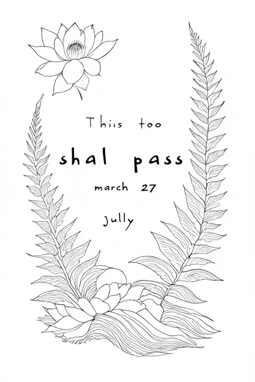 "this too shall pass" "march 27" "July 20" white lotus flower, ocean wave, fern,  tattoo design idea