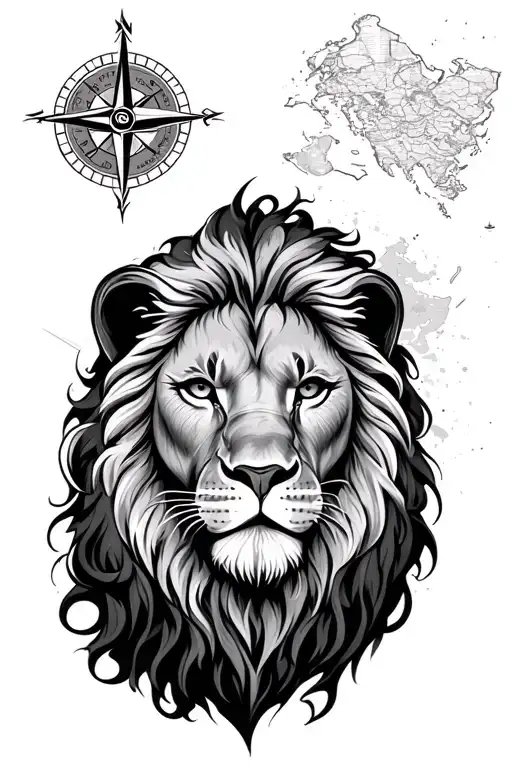 Lion face and compass with map tattoo design idea