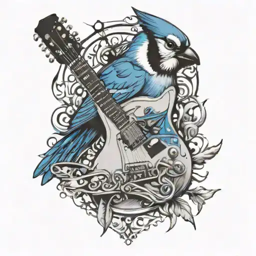 electric guitar with a blue jay perched tattoo design idea