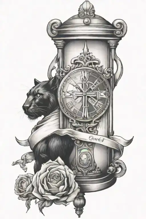 Forearm tattoo with Jesus or a cross and a black panther and hourglass and the word sonder tattoo design idea