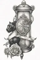 Forearm tattoo with Jesus or a cross and a black panther and hourglass and the word sonder tattoo design idea