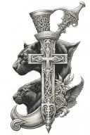Forearm tattoo with Jesus or a cross and a black panther and hourglass and the word sonder tattoo design idea