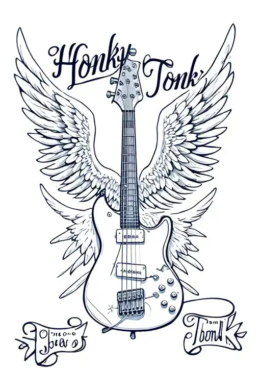 "Honky Tonk" bass guitar head and angel wings subtle tattoo design idea