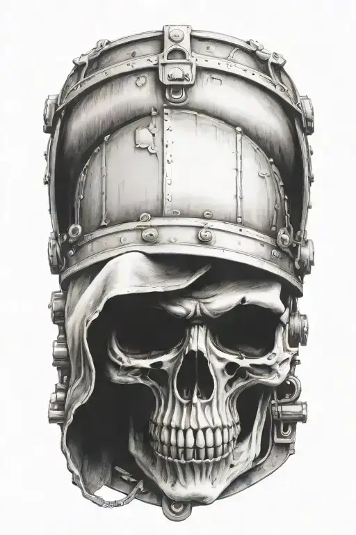 railroad train with one hooded skull and engine camshafts harley davidson style tattoo design idea