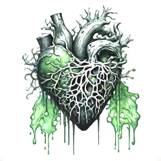 Realistic black heart bleeding, dark Green, grey, Veiny Vessels decaying rotting dying moldy Melting unsaturated, Toxic tattoo design idea