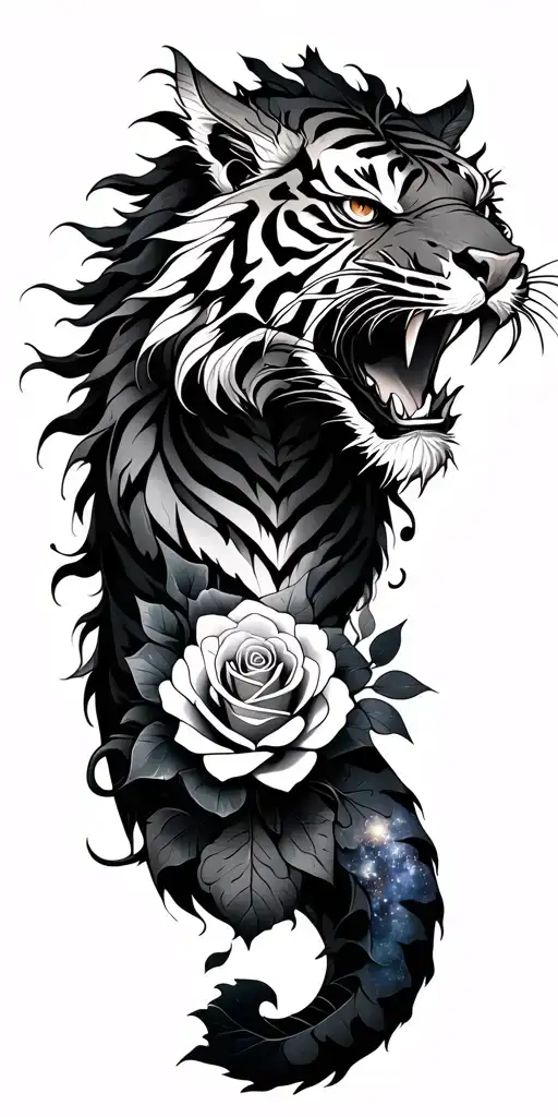 tiger dragon, roses, galaxy, sleeve tattoo design idea