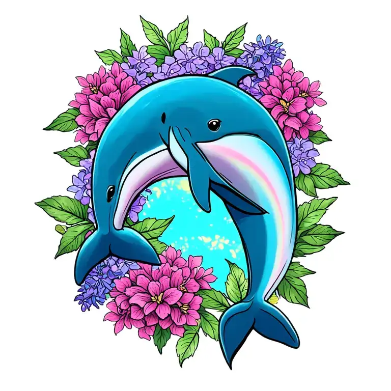 lisa frank style dolphin hot pink, purple, and blue with lilacs  tattoo design idea