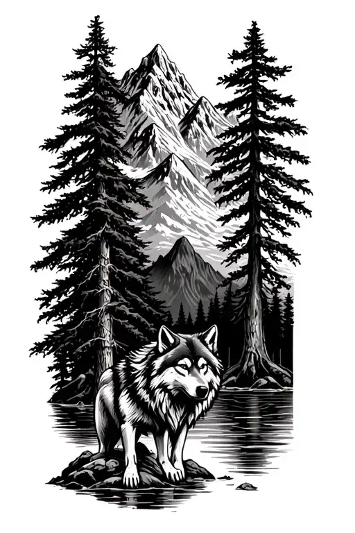 mountain range with tall tree and river wolf standing tattoo design idea