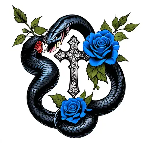 black cobra wrapping around arm in retro style with blue and black roses with a cross in the middle that has a tiny rose tattoo design idea
