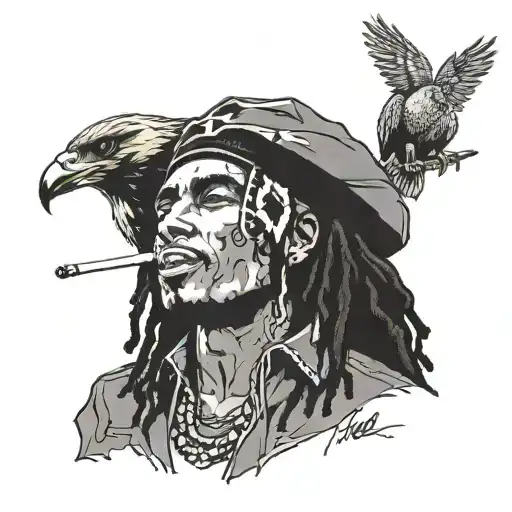 Falco and Bob Marley smoking, in the background is a falcon  tattoo design idea