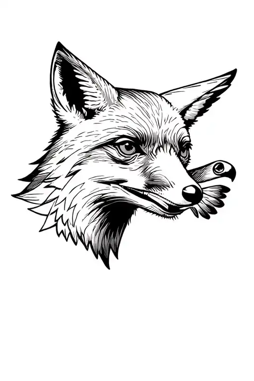 Curious fox head and shoulders looking left, subtle amused expression; red-tailed hawk flying right in a diving forward- tattoo design idea