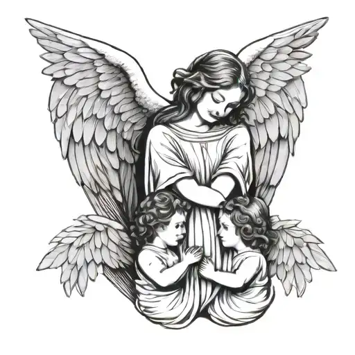 Woman angel with wings holding hands of 2 kids tattoo design idea
