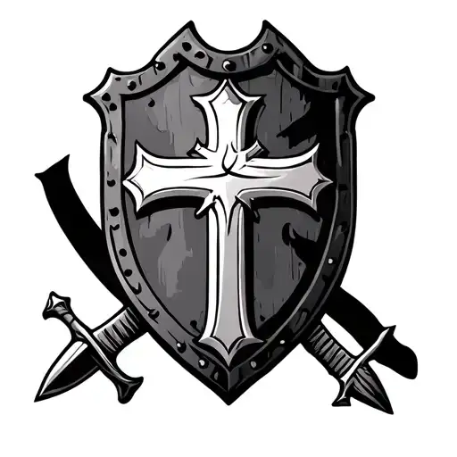 shield with a cross on it with a sword directly behind in black and white tattoo design idea