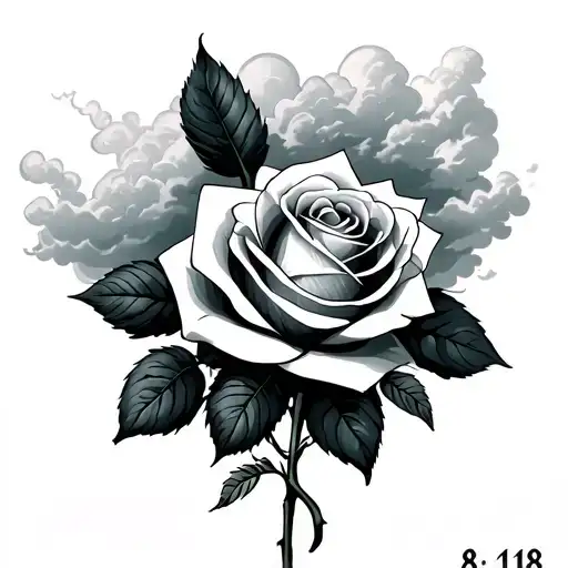 the verse roman 8:18 with clouds behind it and a rose tattoo design idea