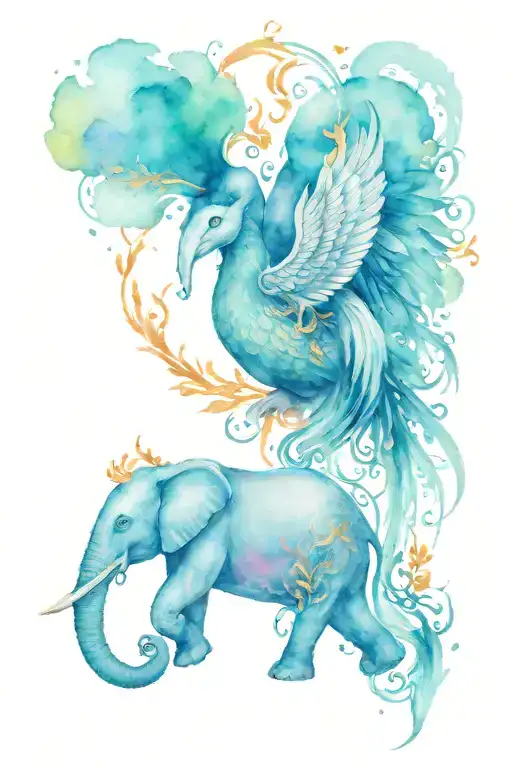 Phoenix and elephant surrounded tattoo design idea