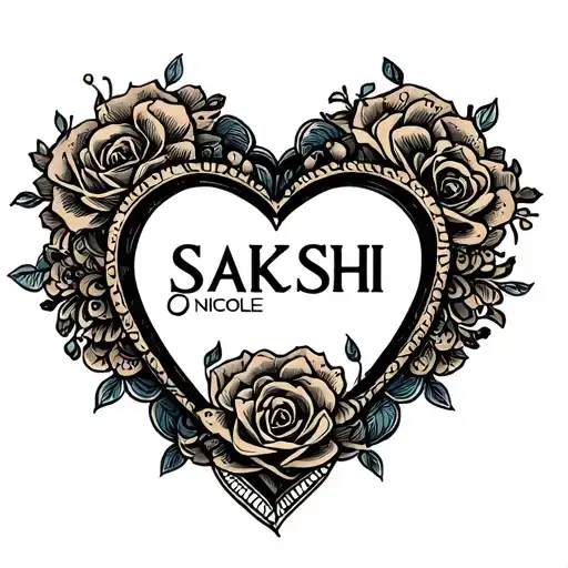 "SAKSHI" The name Nicole inside a heart shape surrounded tattoo design idea
