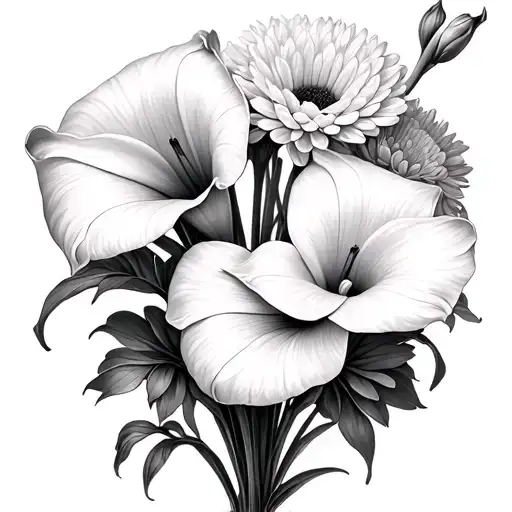Calla Lily, narcisus flower, cosmos, chrysanthemum bouquet tattoo design idea