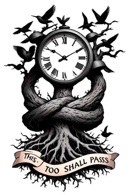 this too shall pass wrapped around a clock with a tree with roots and birds on the forearm  tattoo design idea