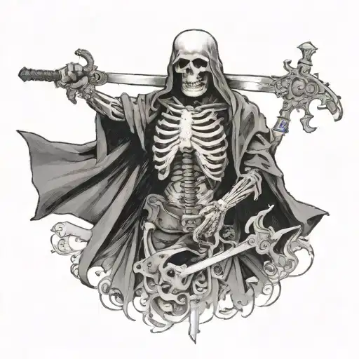 Sketch of tattoo sideways view, skeleton in black robe, sword in one hand, scales in the other.On the background of trib tattoo design idea