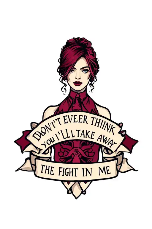 Collarbone tattoo with the words "Don't ever think you'll take away the fight in me" and the burgundy and ivory cancer r tattoo design idea