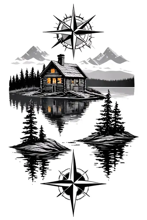 design that blends a rustic cabin by a lake with an abstract compass, not realism tattoo design idea