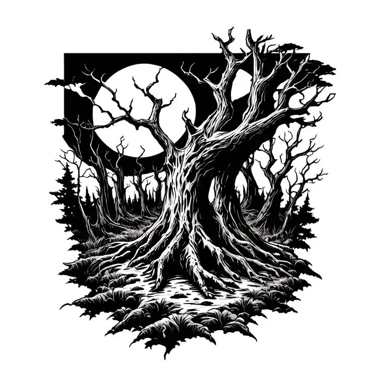 “A black-and-white forearm tattoo illustration of a  eerie haunted forest. The design features many slender, tw tattoo design idea