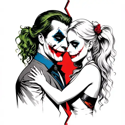 A tattoo of a broken heart with The Joker and Harley Quinn embracing each other, representing the duality of love and pain tattoo design idea