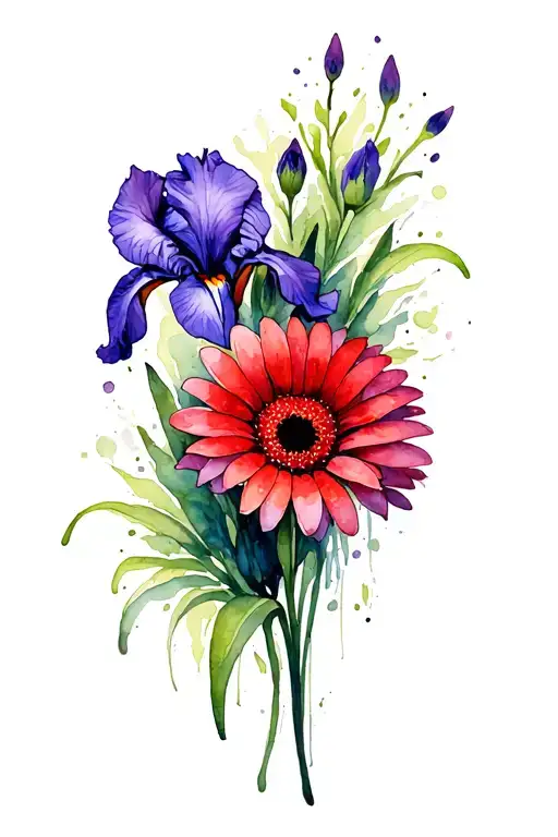 red gerbera daisy intertwined with purple iris flower tattoo design idea