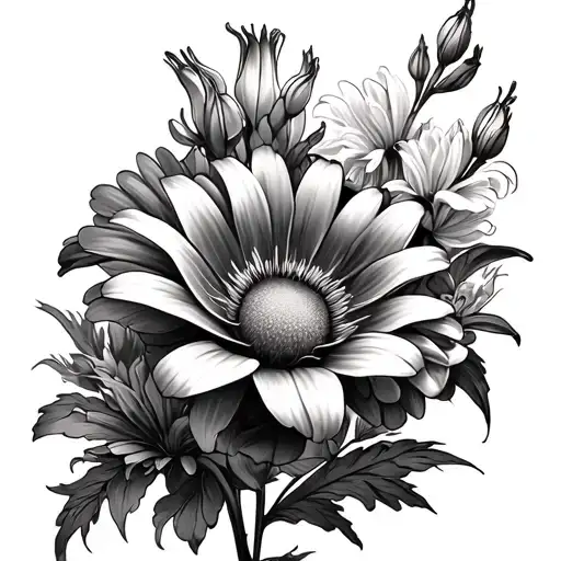 daisy, lily, rose, gladiolus, chrysanthemum tattoo design idea