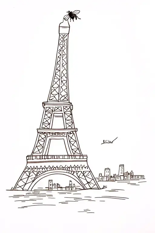 bee sitting horizontally on the tip top of Eiffel Tower tattoo design idea