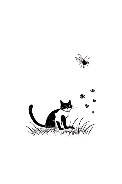 black cat missing end of tail and sitting in the grass trying to swat at a fly  tattoo design idea