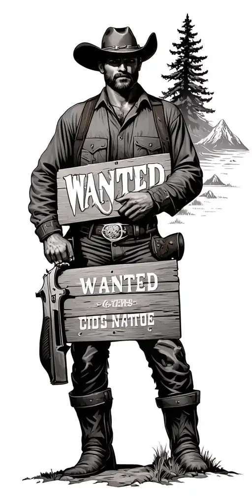 realism. Wild West and nature. so cowboys, a wanted sign, mountains, trees, bears, water tattoo design idea