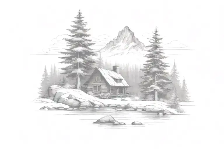 Mountain Scene cabin tattoo design idea