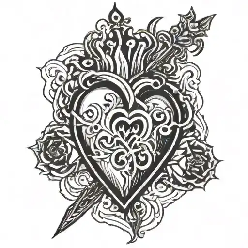 a hyper-masculine sacred heart, three thick daggers piercing the sacred heart, flames above the sacred heart tattoo design idea