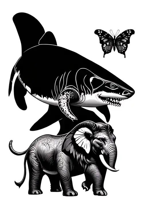 totem from top to bottom turtle, butterfly, lion, shark , ram elephant, fine lines  tattoo design idea