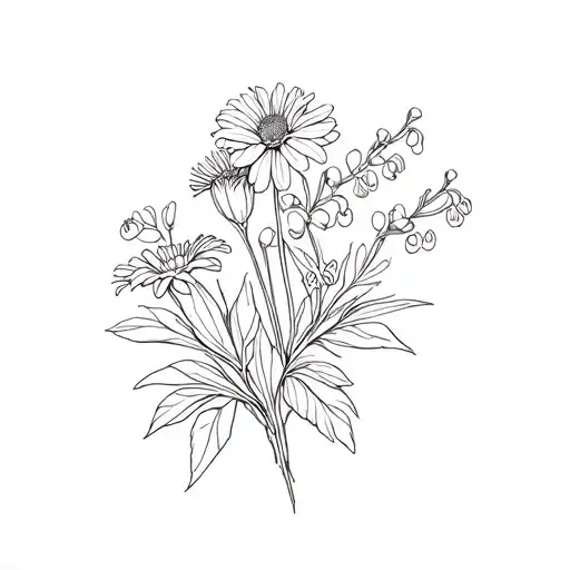 Simple line drawing, Marigold, Lily of the Valley, Aster bouquet tattoo design idea