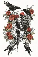 lovers tarot card, with crows and roses and vines and thorns and gothic looking  tattoo design idea