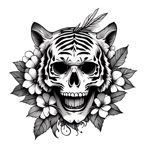 Skull with tiger plume with flowers tattoo design idea