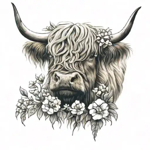 highland cow with flowers  tattoo design idea