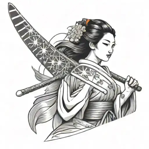 geisha holding a katana American flag Japanese flag tattoo design idea