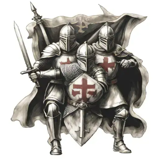 3 Knights Templar with 2 having a sword and shield each and one in the middle having 2 swords. tattoo design idea