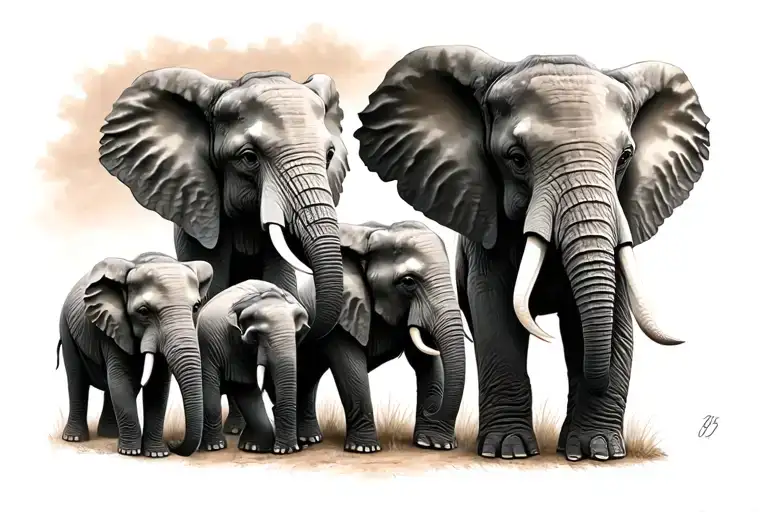 elephant mom and three elephant babies  tattoo design idea