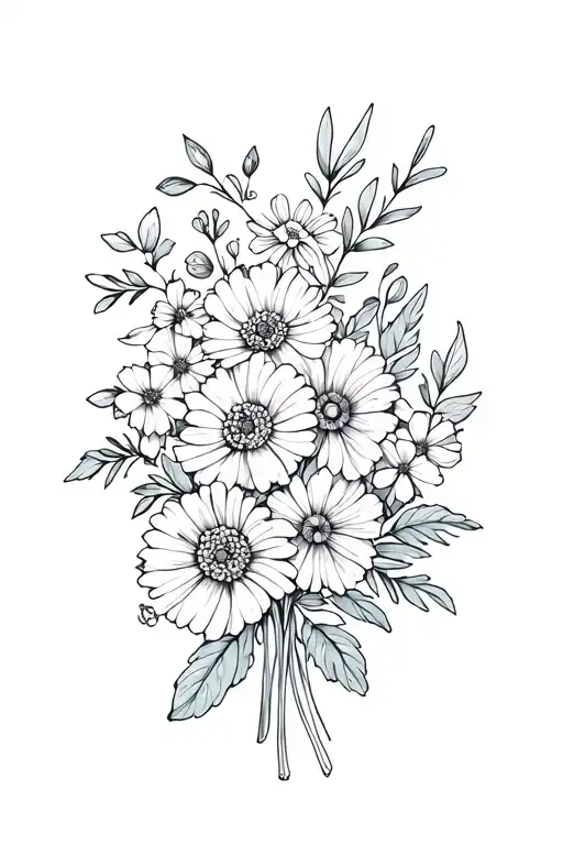 violet flowers and marigolds bouquet fine line filler leafs tattoo design idea