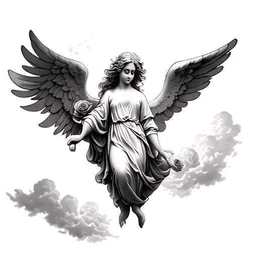 roseary with an angel around clouds tattoo design idea