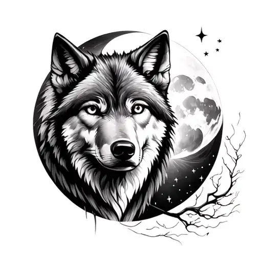 Wolf and the moon and the eyes tattoo design idea