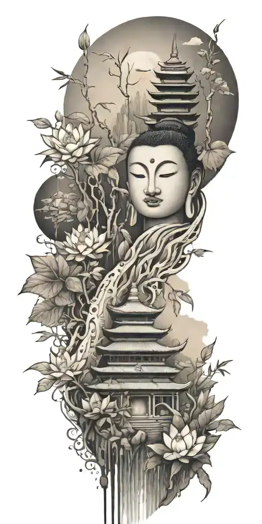 buddhist inpired tattoo with scenary of nature, bamboo, water, and with lotus, koi fish, small budda and spiritual stuff tattoo design idea