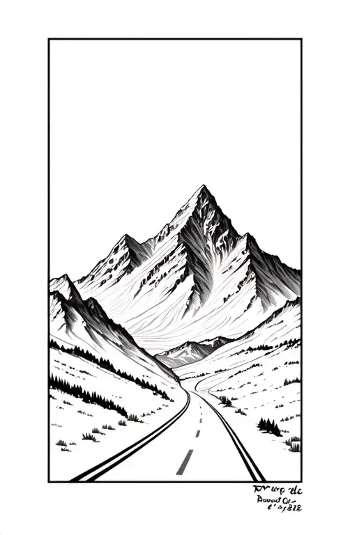 mountain with road at bottom going left to right in detail tattoo design idea
