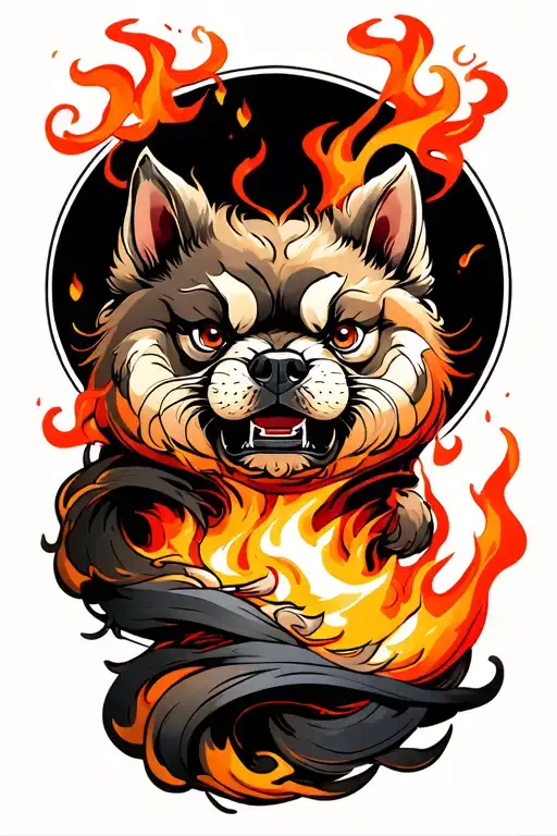 ink brushstroke fiery fu dog sleeve with column of fire wrapping around the arm tattoo design idea